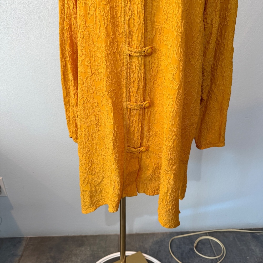 URU 100% Silk Yellow Crinkle Tunic Mandarin Collar Frog Toggle Lagenlook Large - Picture 4 of 14